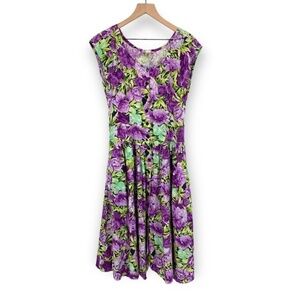 Vintage 90's Floral Button Front Midi Dress Retro Purple